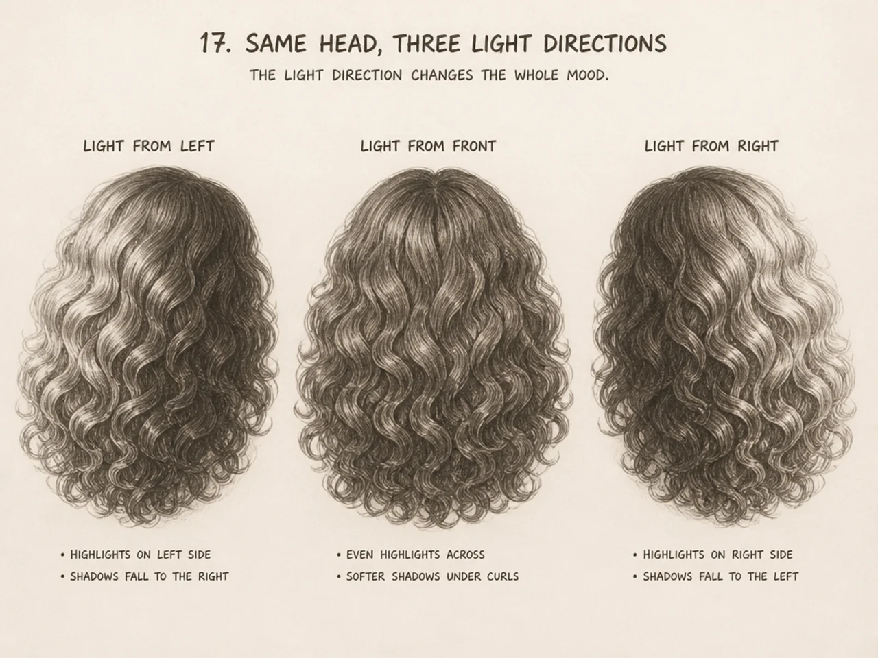 One hair shape shown under three lighting directions