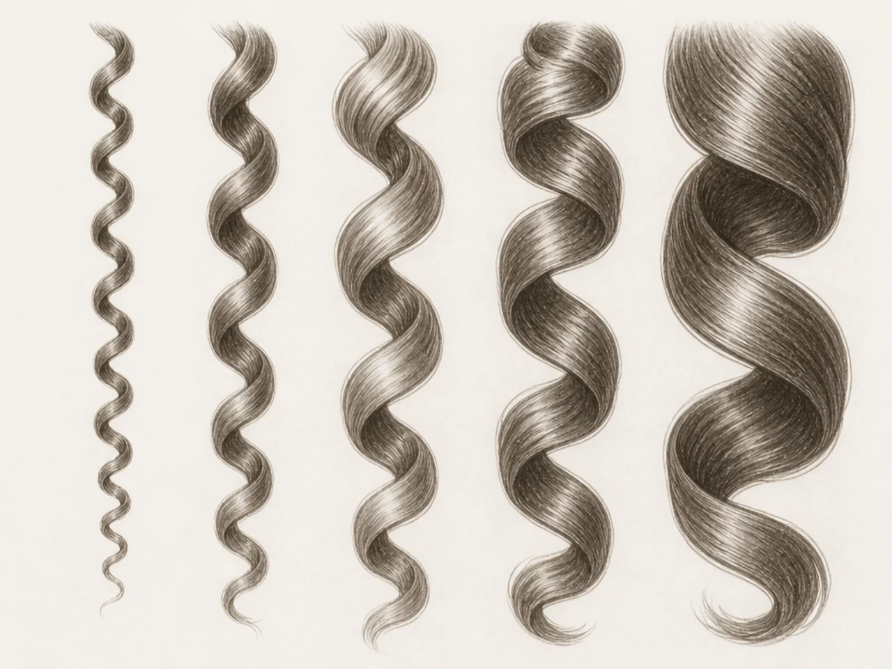 Five curls with varied ribbon widths