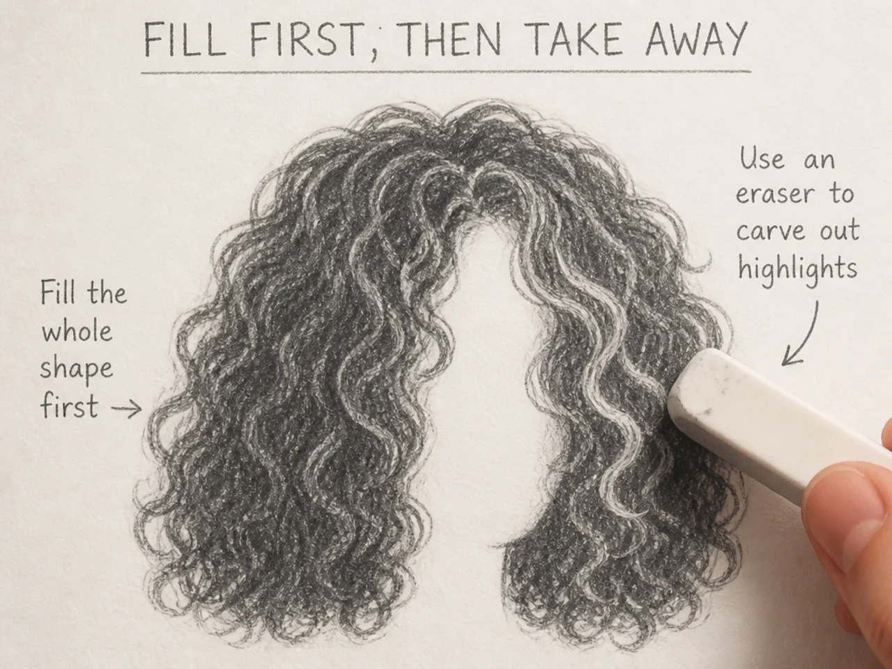A filled shape being carved into hair with an eraser