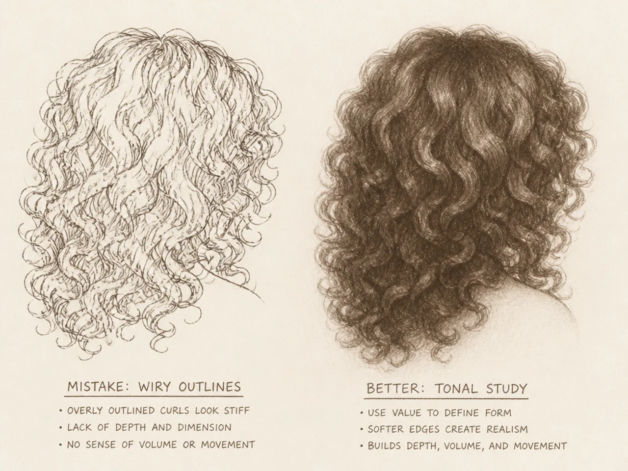 Wiry outlined curls beside a filled tonal study