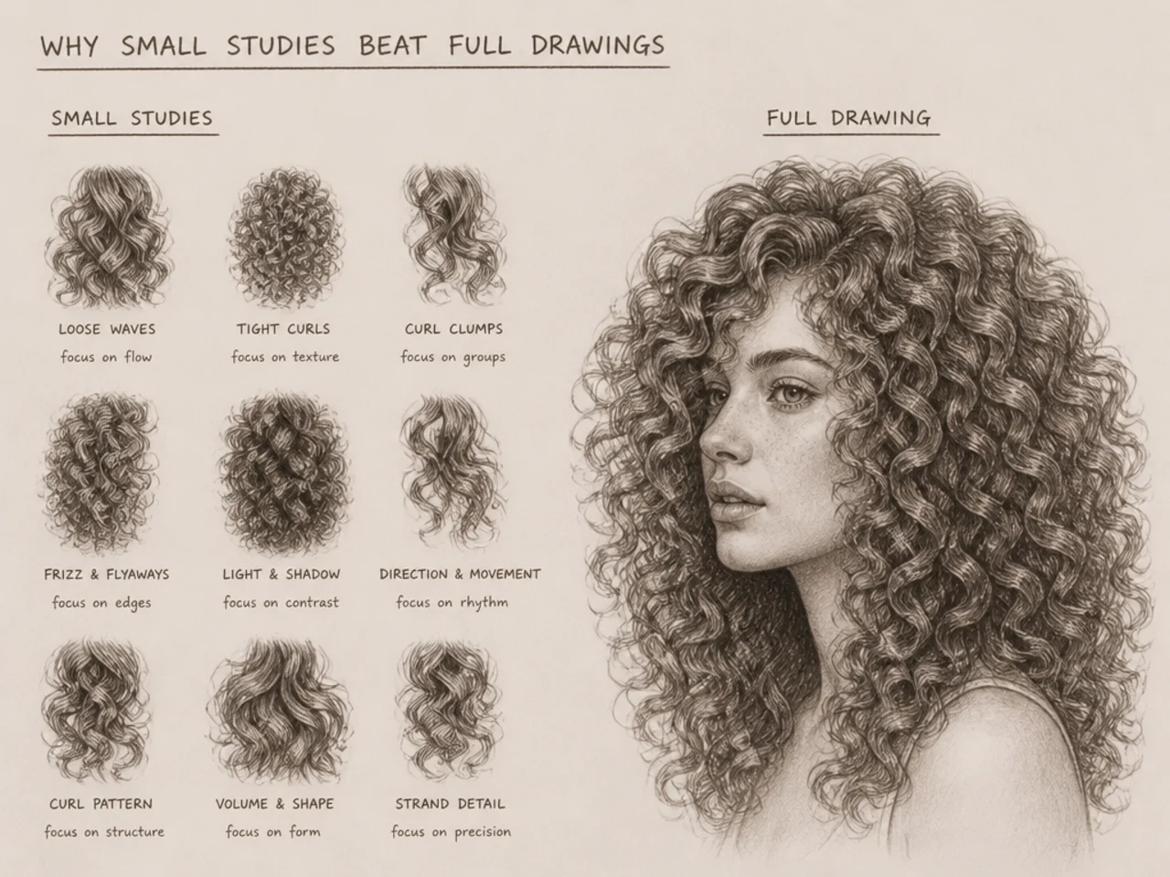 A page of small focused studies beside one large drawing