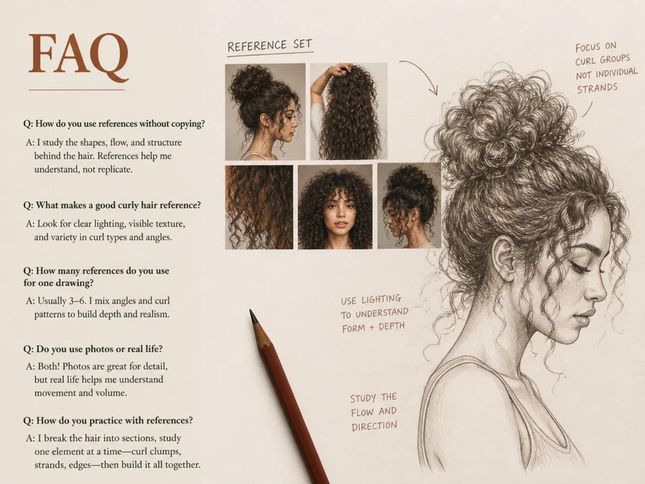 A curated reference set in use beside a drawing