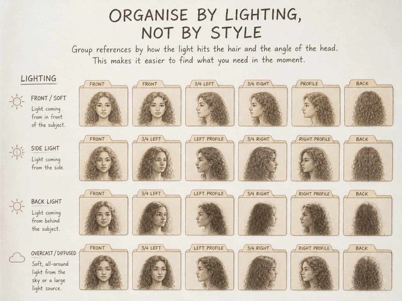 Reference folders organised by lighting and angle