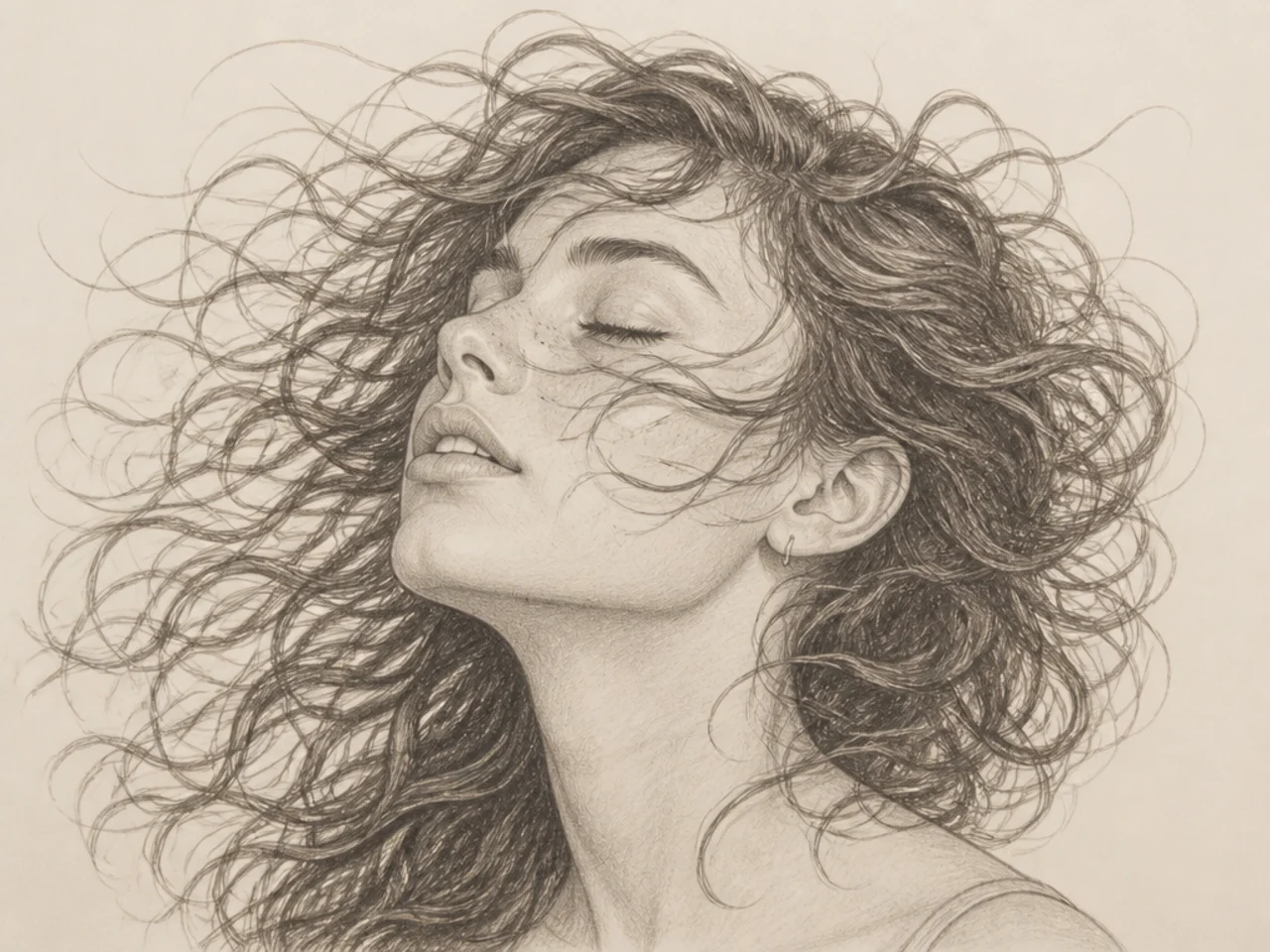 Windblown curly hair drawing