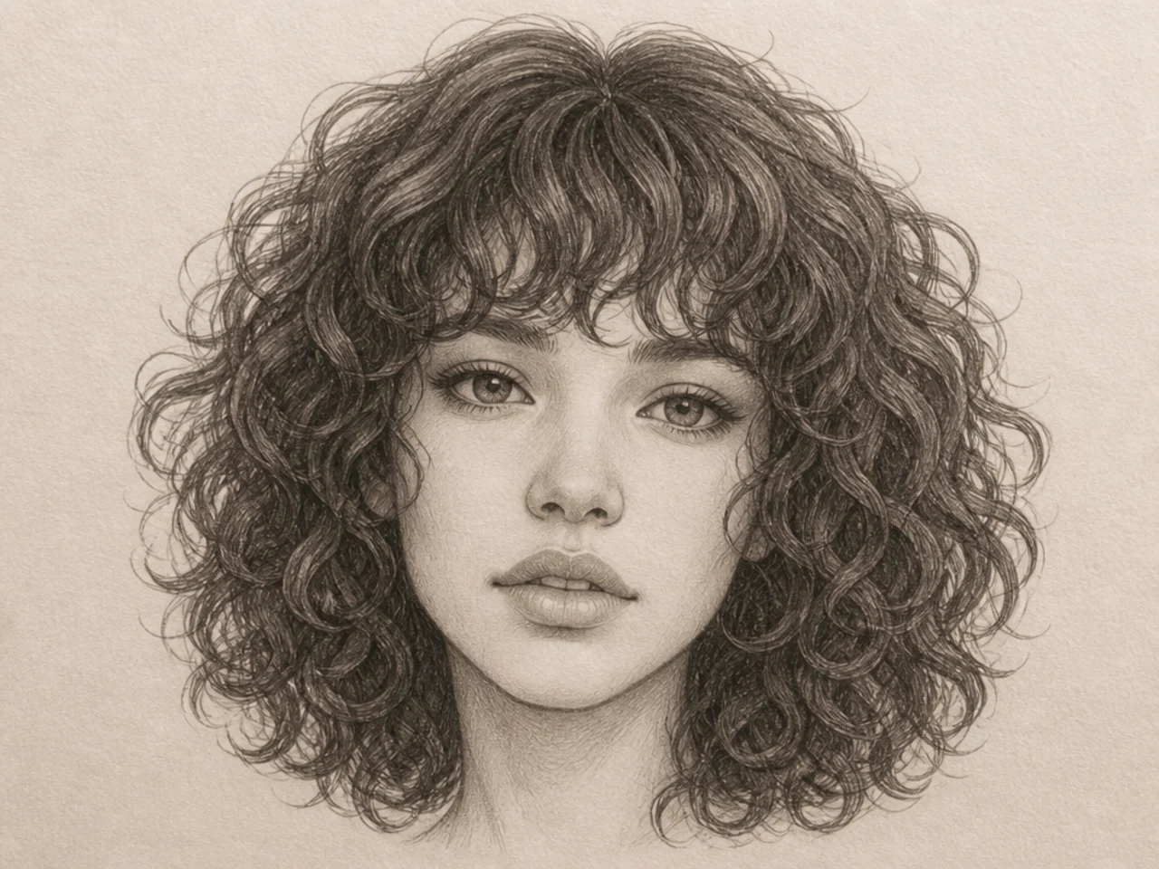 Curly hair drawn with a fringe