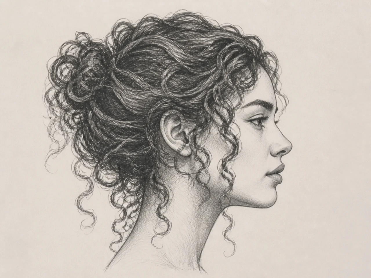 Curly hair drawn in profile