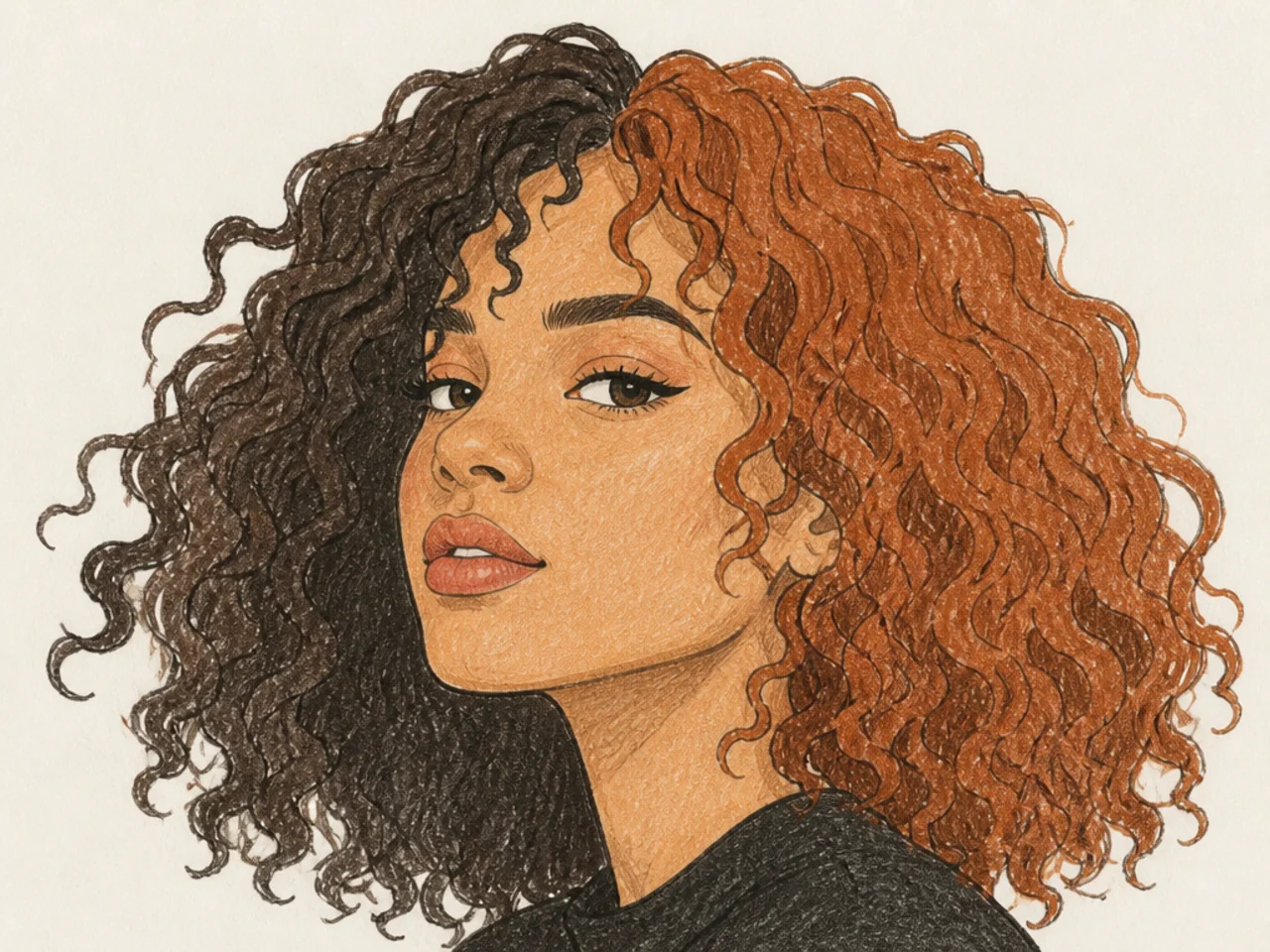 Curly hair drawn with flat colour blocking