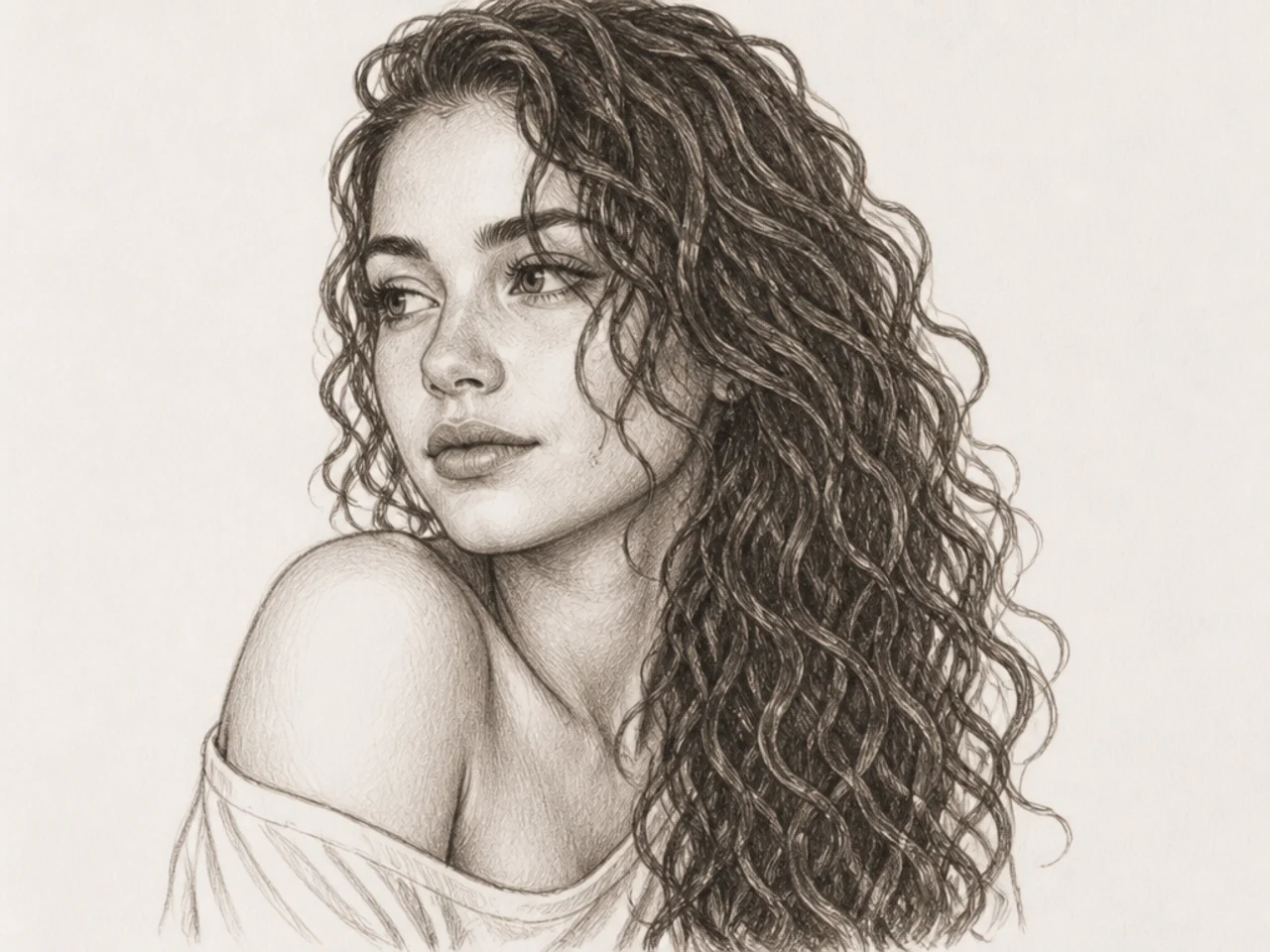 Curly hair drawn falling over a shoulder