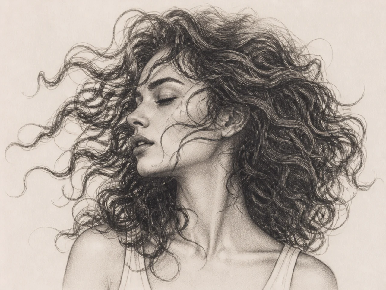 Curly hair drawn in motion