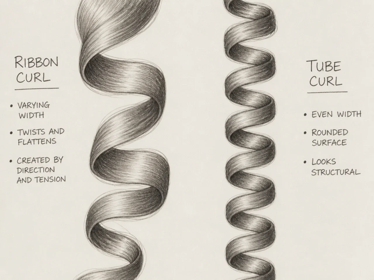 A ribbon curl with varying width beside an even-width tube