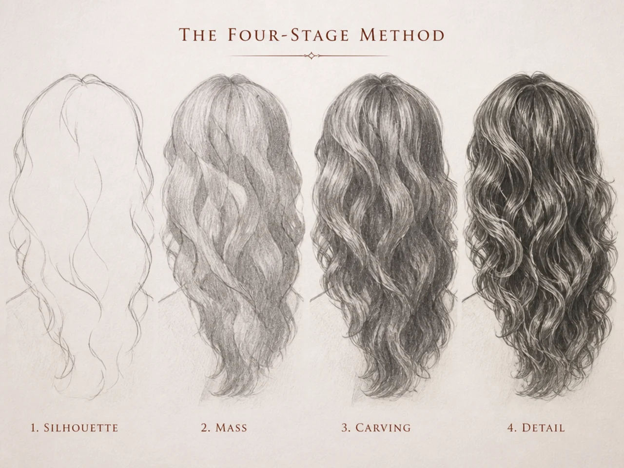 The same drawing at silhouette, mass, carving and detail stages