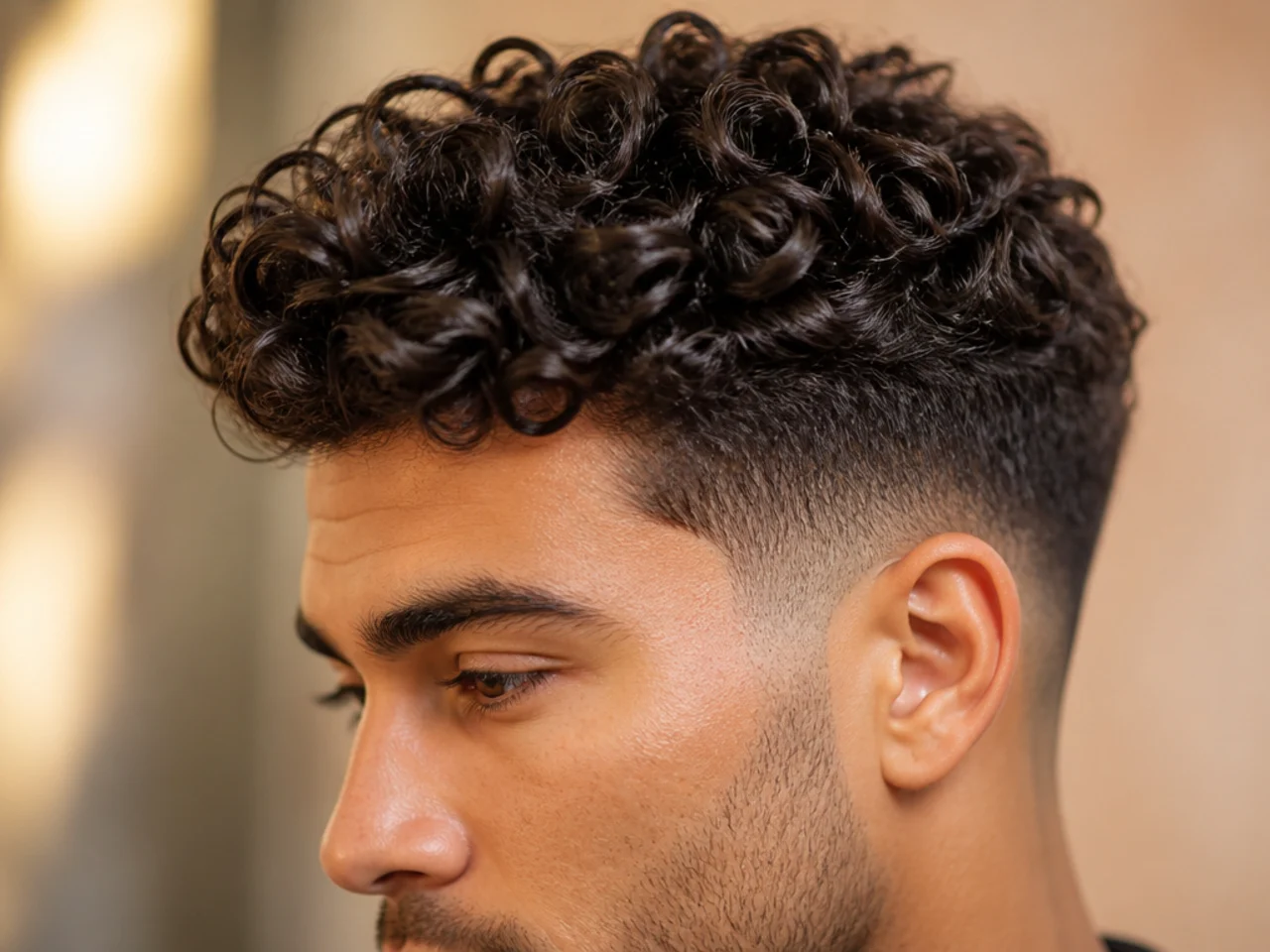A man with a curly quiff over a fade