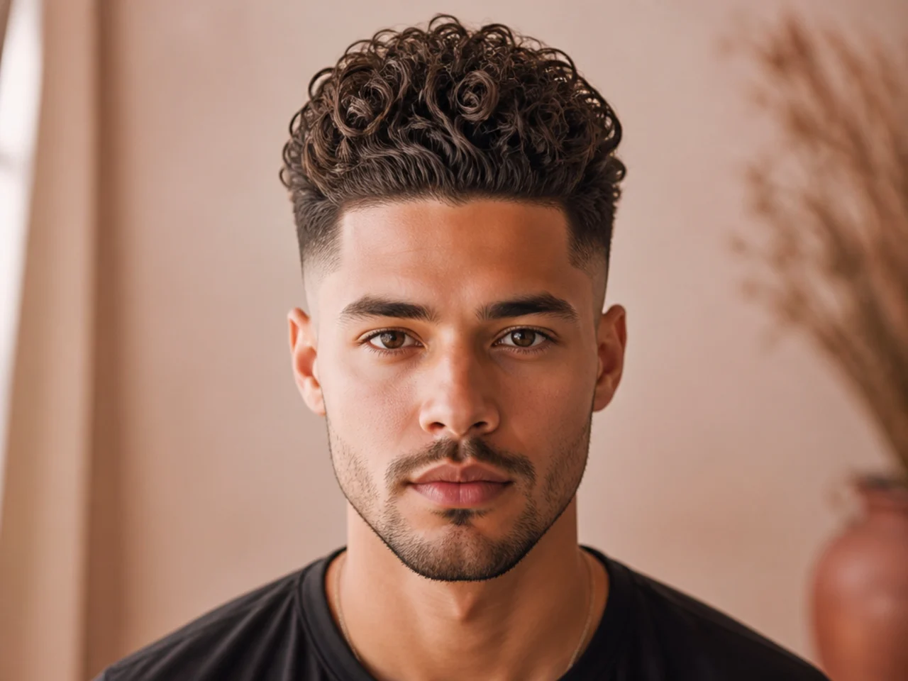 A man with a curly pompadour and faded sides