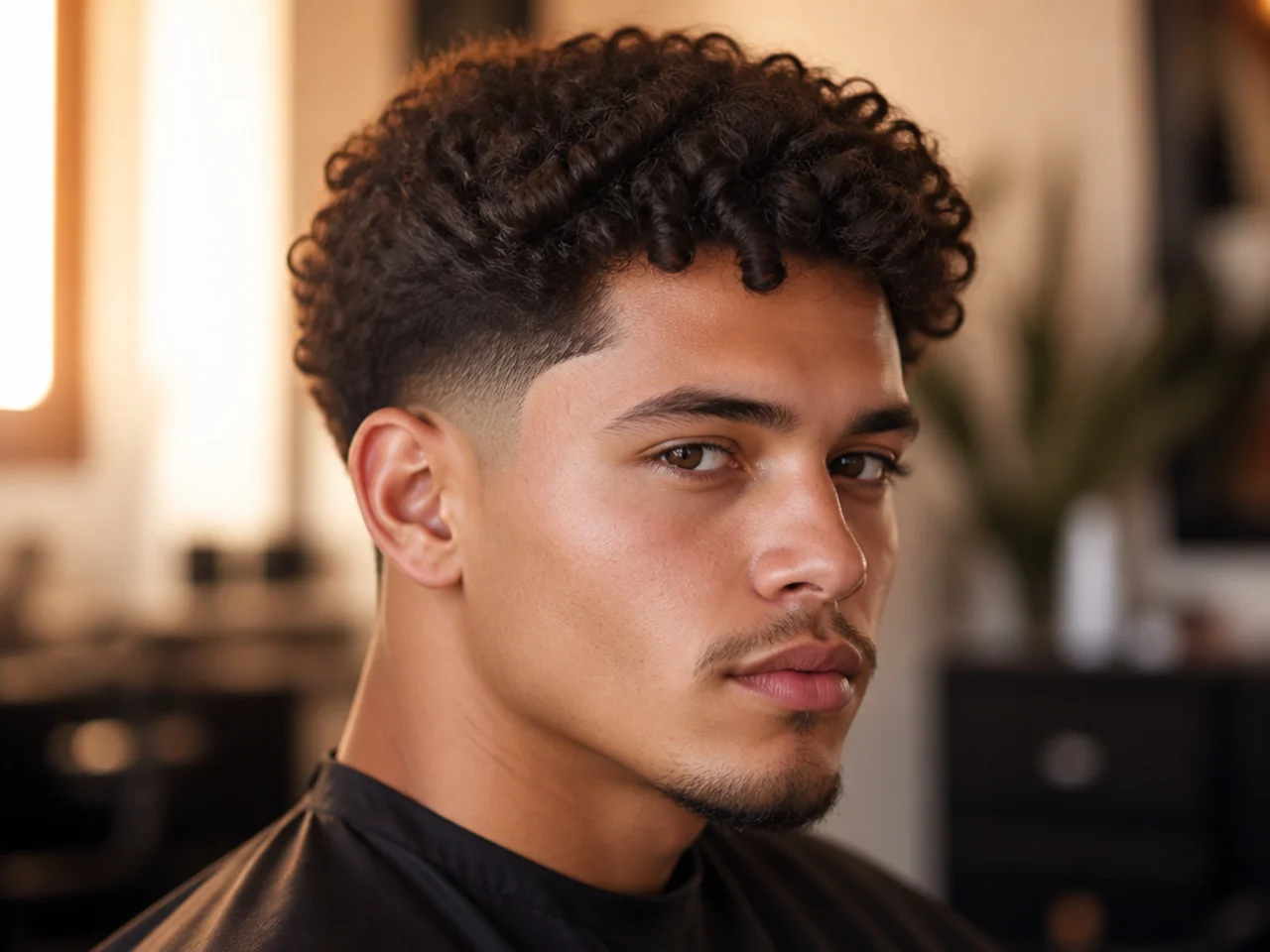 A man with only the temples faded on curly hair