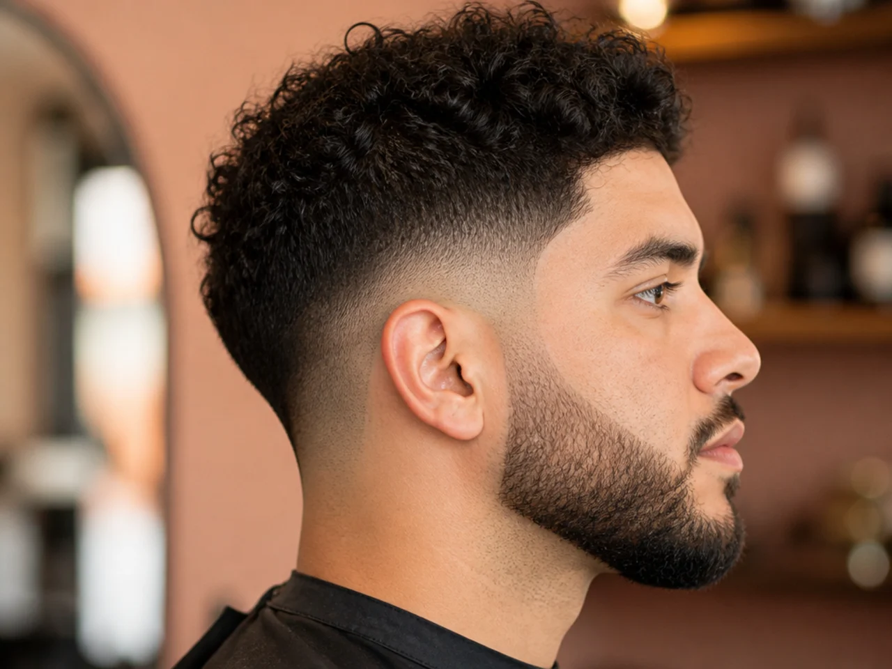 A man with a curly fade connected into a beard