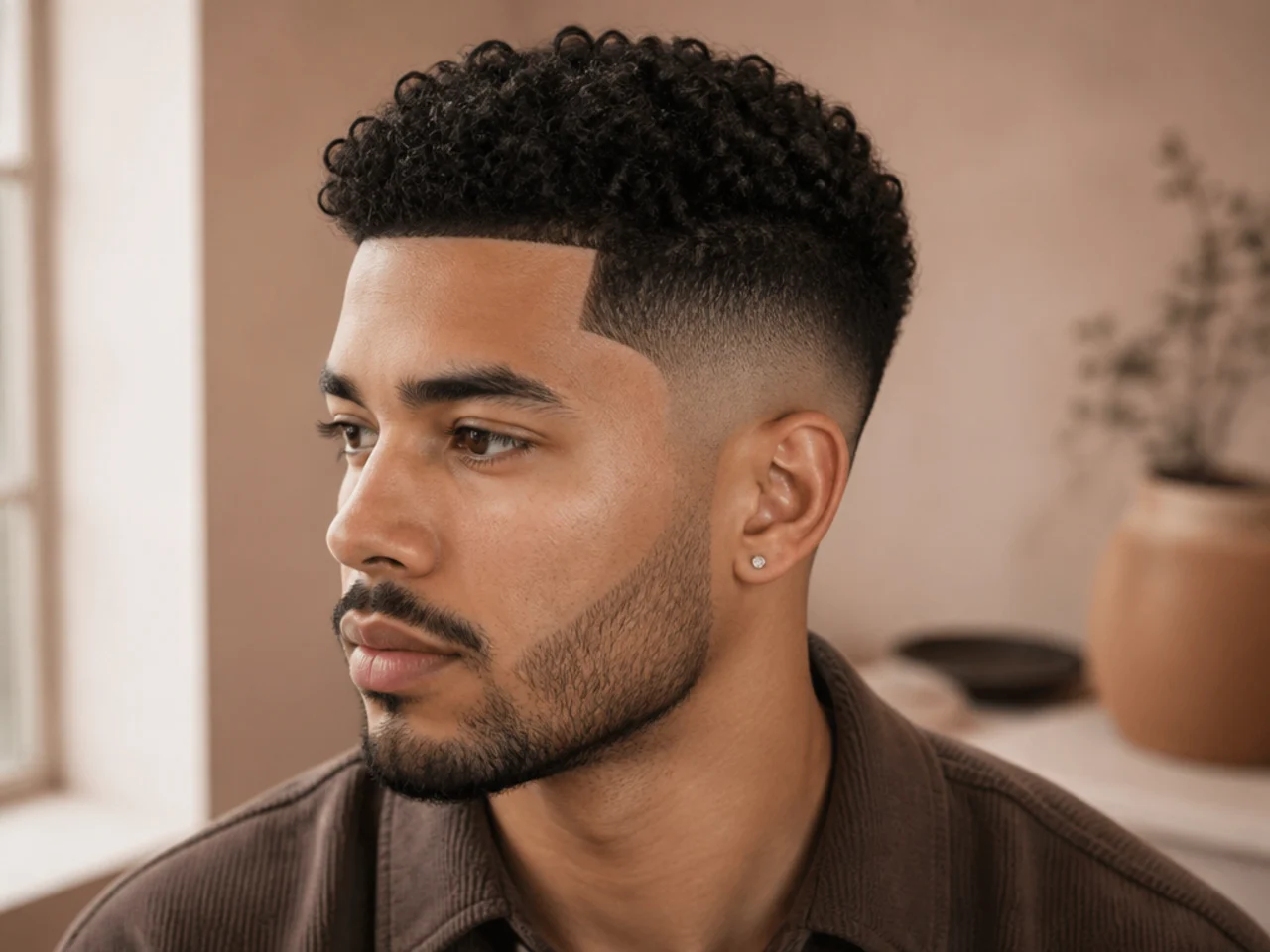 A man with a line-up and a curly fade