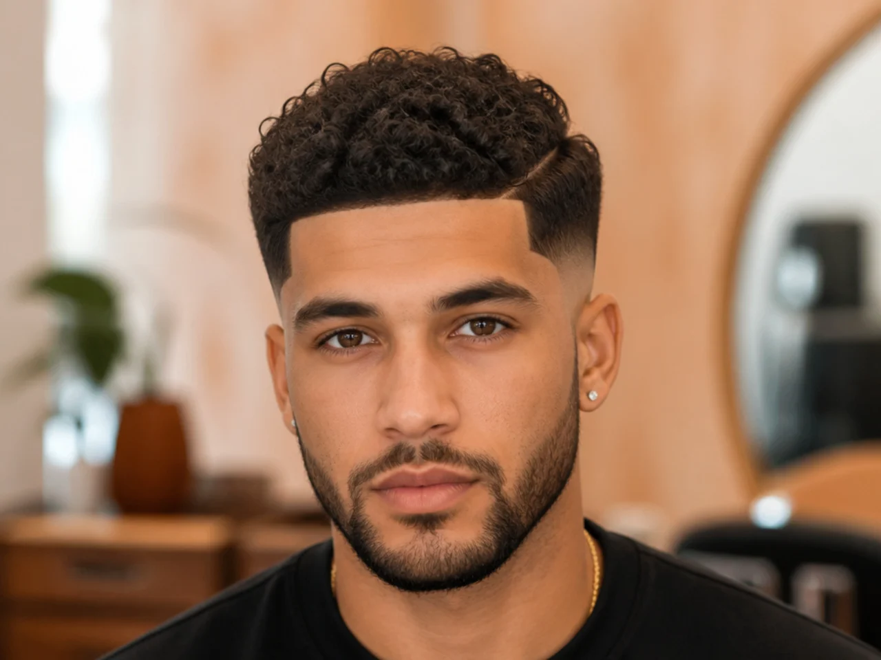 A man with a hard weight line above a curly fade
