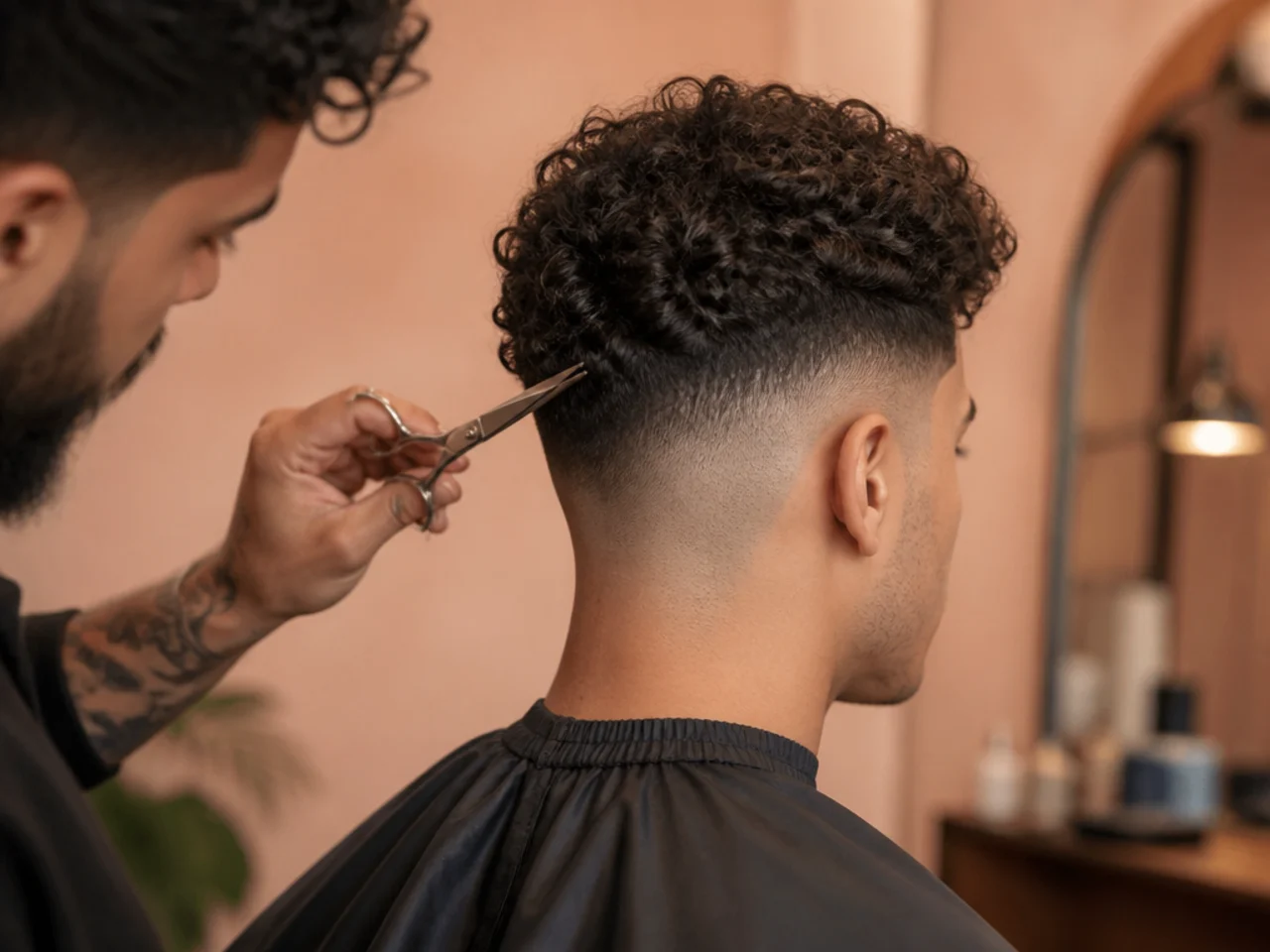 A barber softening the top edge of a fade with scissors
