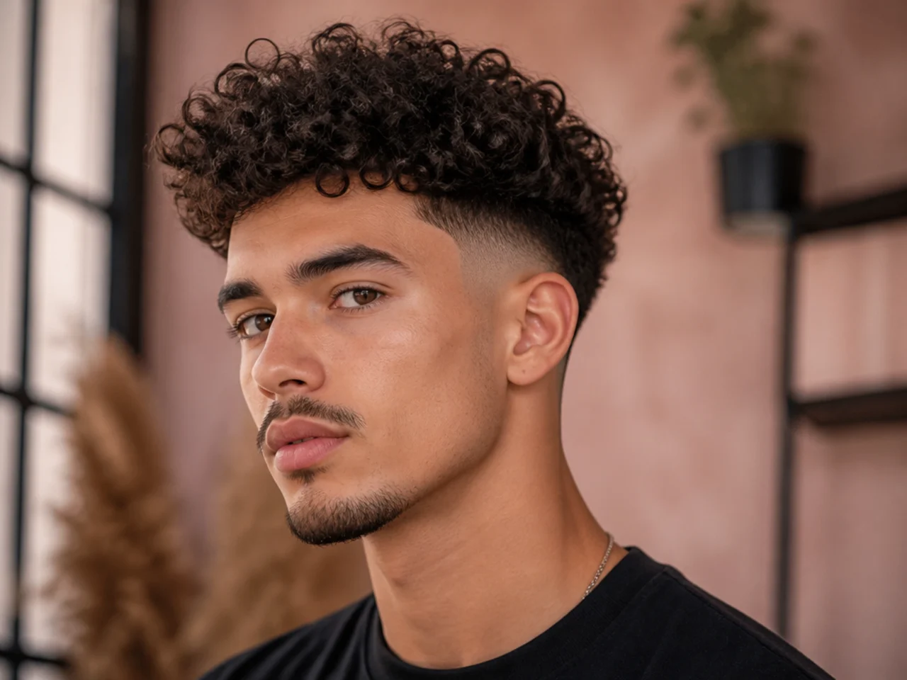 A man with a mid fade and curly volume on top
