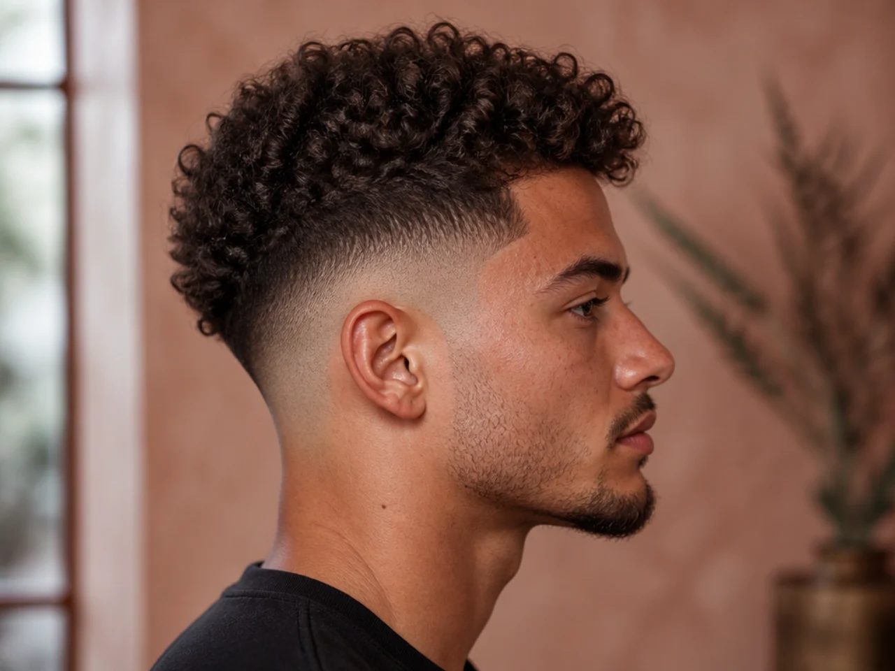 A man with a high fade and curls on the crown