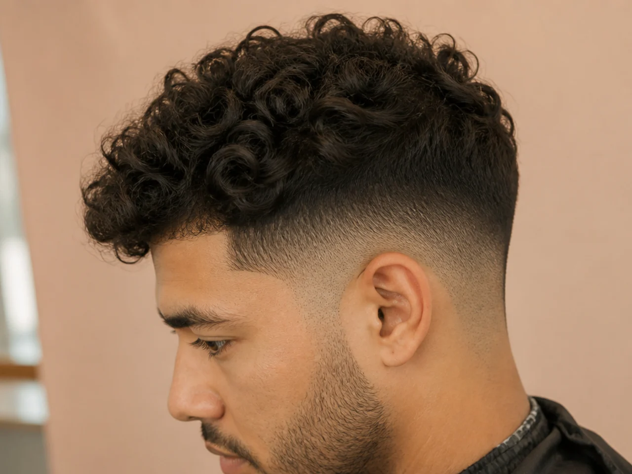 A man with a taper fade and curly top
