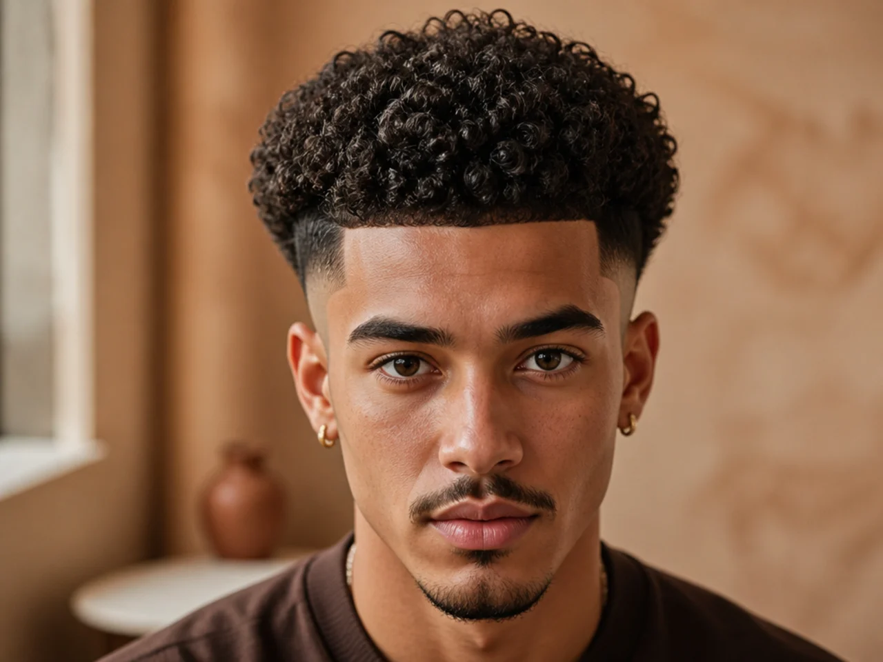 A man with a burst fade on curly hair