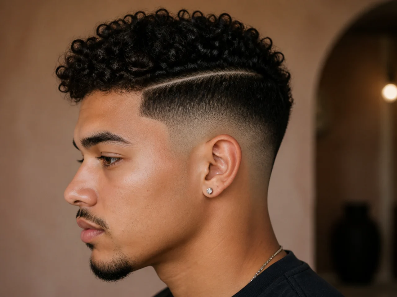 A man with a hard part above a curly fade