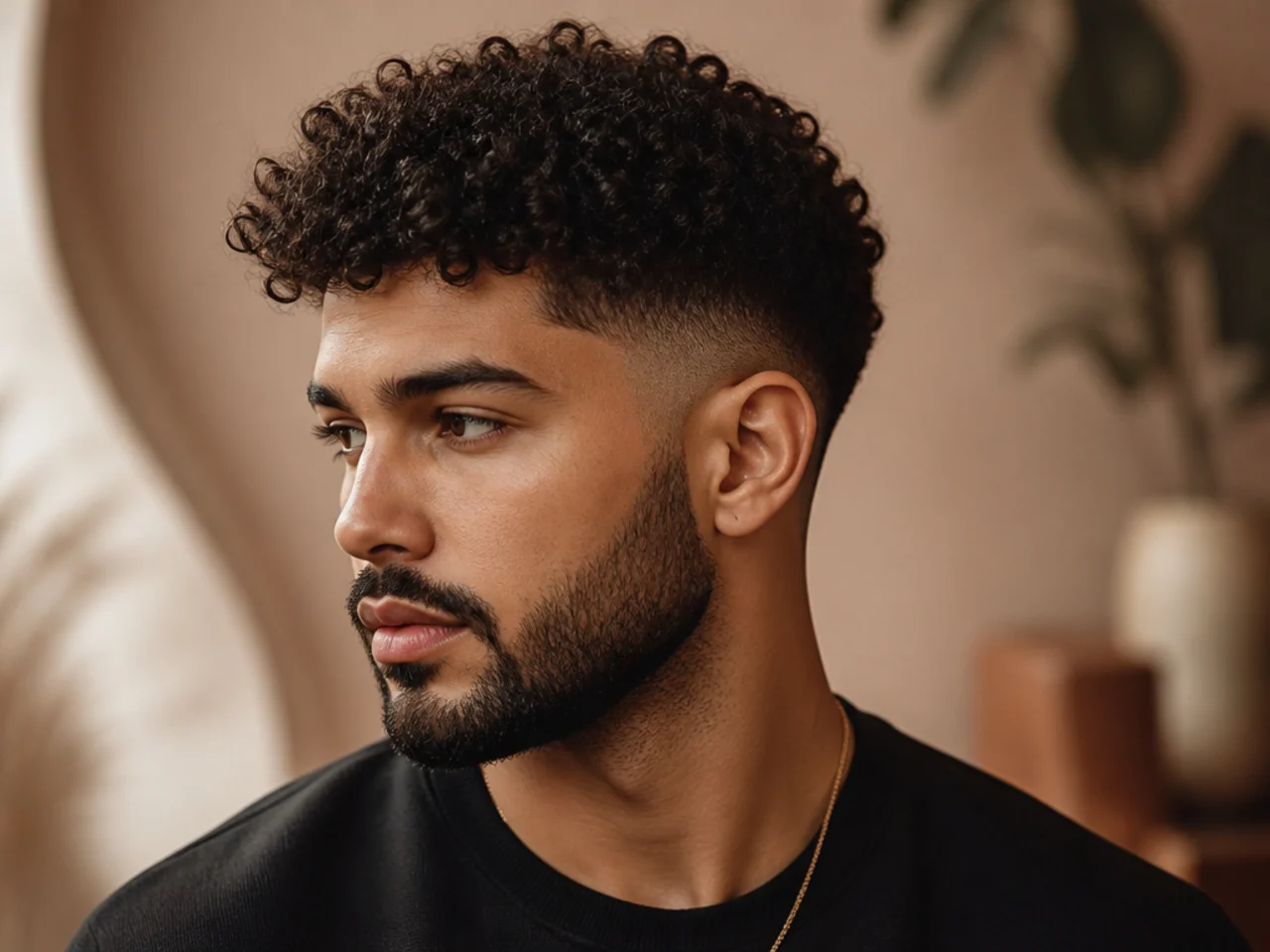 Three-quarter view of a man with a curly fade