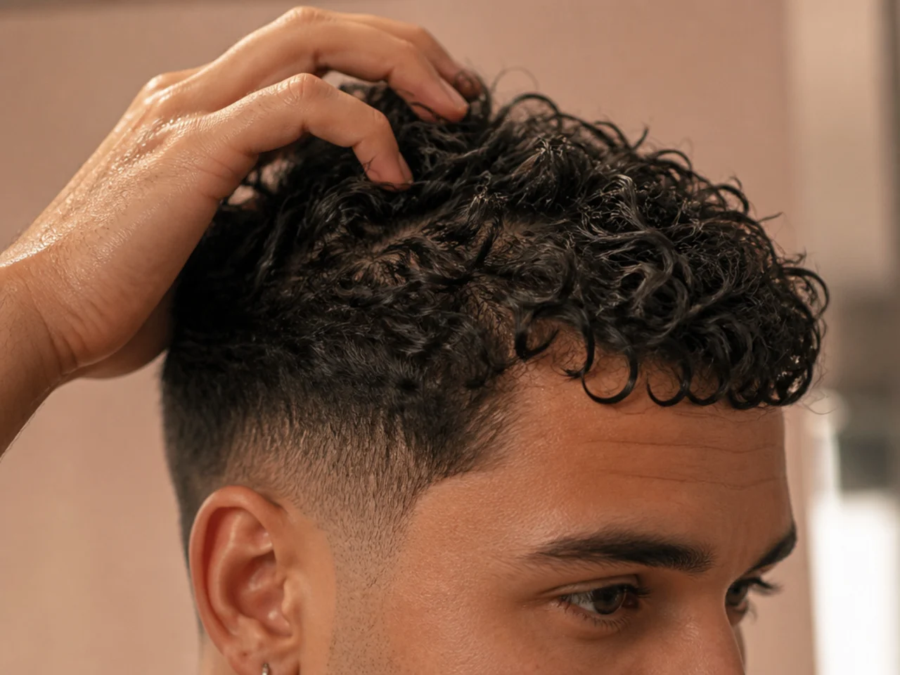 A man reshaping his curls with damp fingers