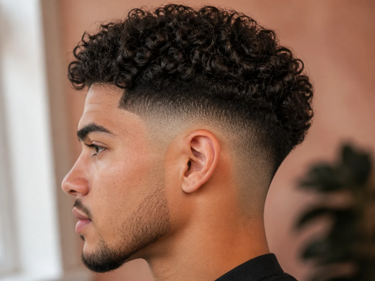 Close view of the transition between a fade and curly hair