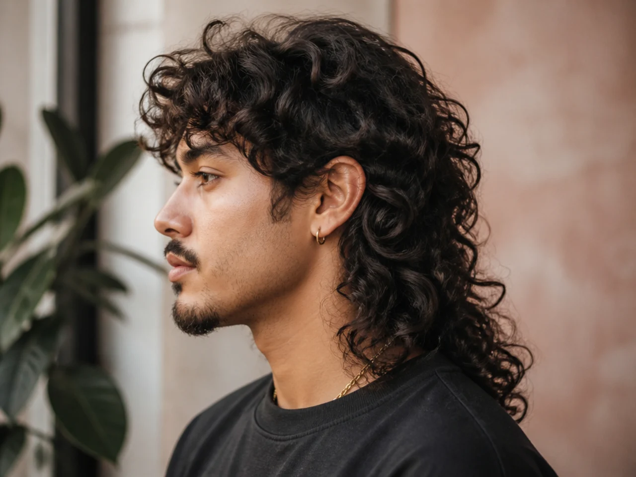 Long curly mullet with dramatic back length reaching the mid-back and layered top on a man with 3B curls