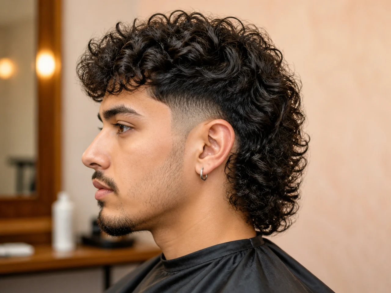 Curly mullet with low taper fade showing tight sides and defined curly back length on 3B hair