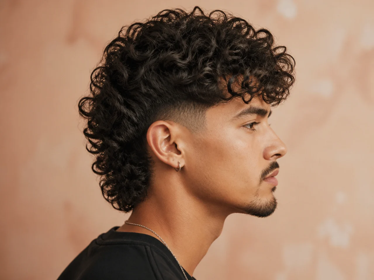 Curly mullet with mid fade blending at the temple with layered curly top and defined back drop