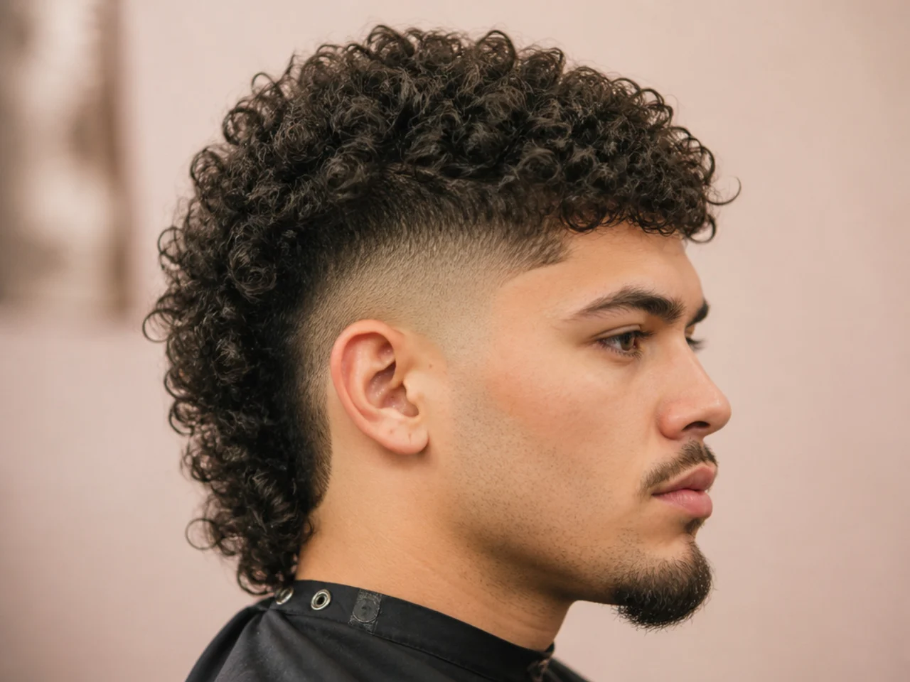 Curly mullet with burst fade curving around the ear and defined curly back length preserved