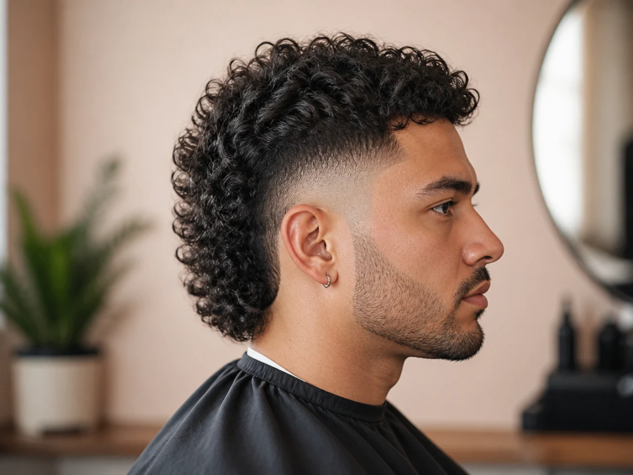 Curly mullet with skin fade showing high-contrast bald sides and voluminous curly top with back drop