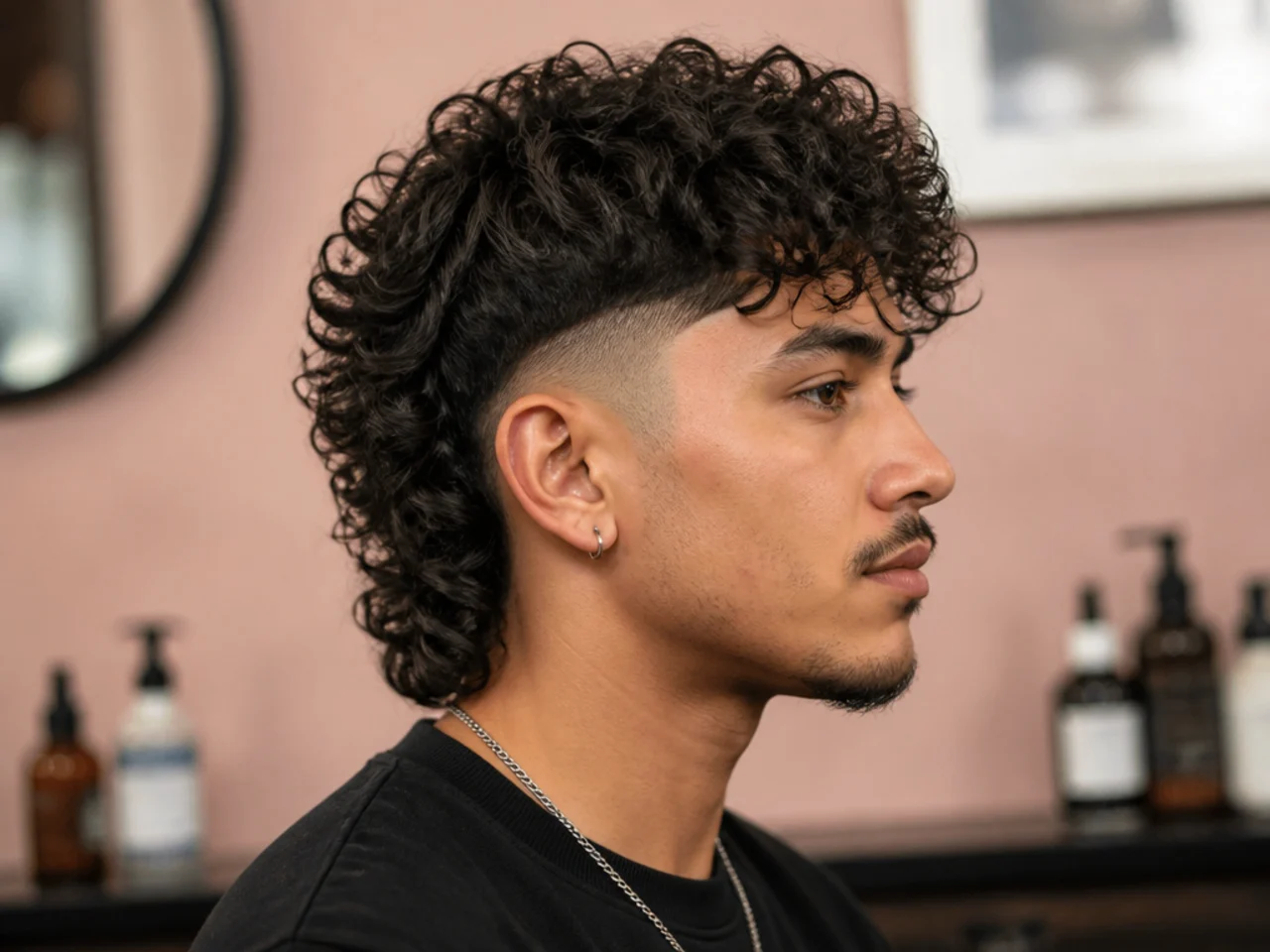 Curly mullet with disconnected undercut showing hard break between shaved sides and voluminous top and back