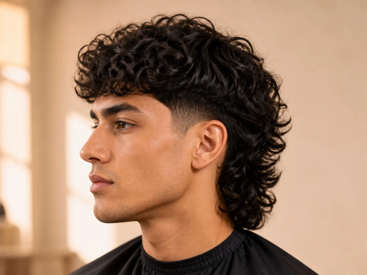 Curly mullet with two-block undercut hidden beneath layered curly top and back on a young man