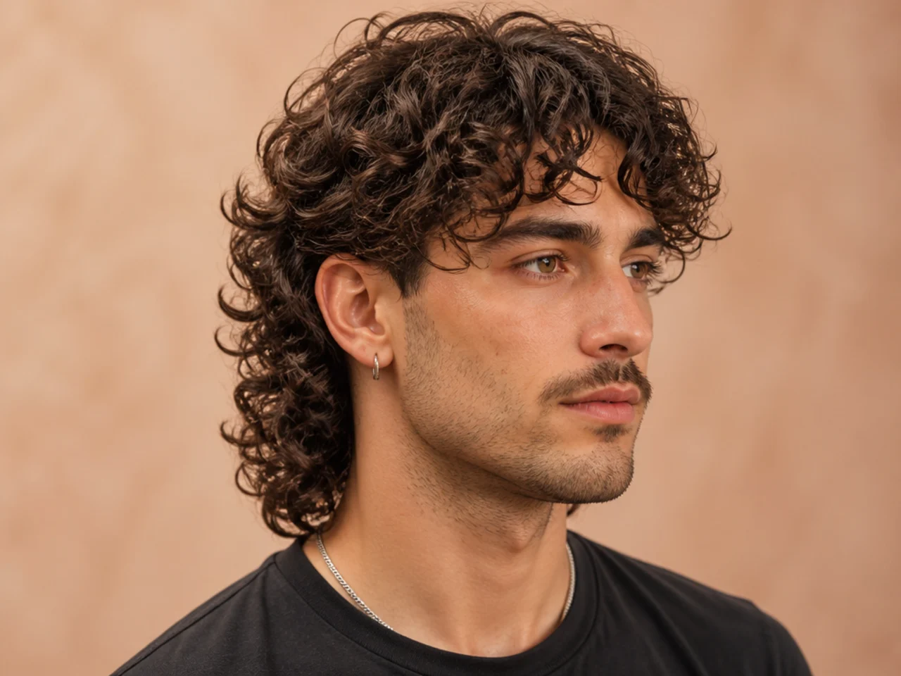 Curly mullet with curtain fringe parted at center over the forehead with defined 3B curls