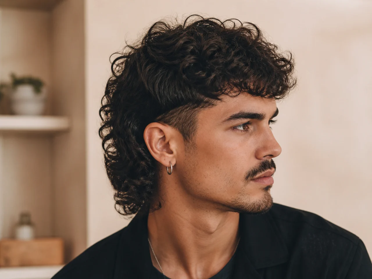 Curly mullet with piecey textured fringe falling over the brow and defined coil back length