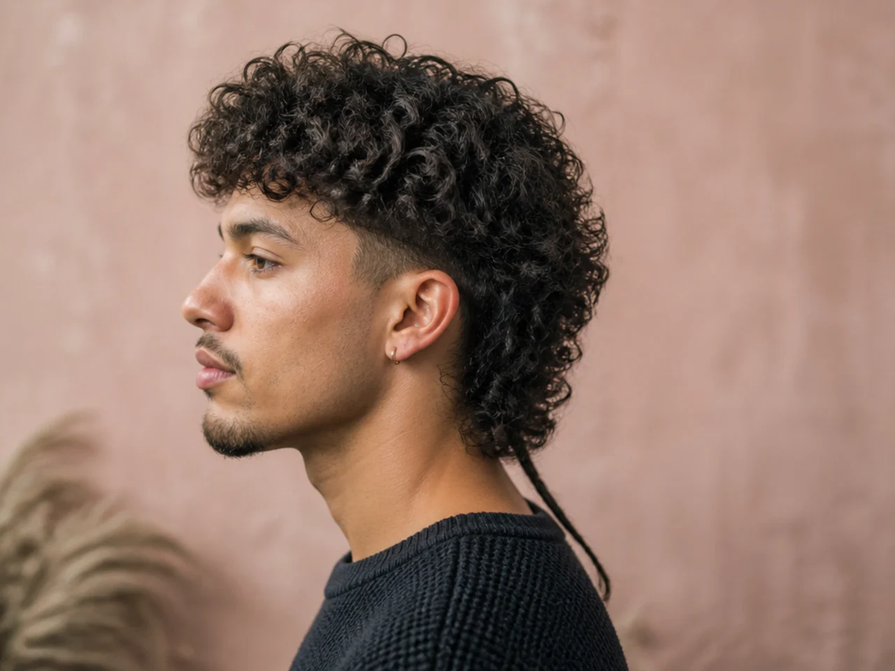 Curly mullet with rat tail extension of length at the center-back on a young man with 3B curls
