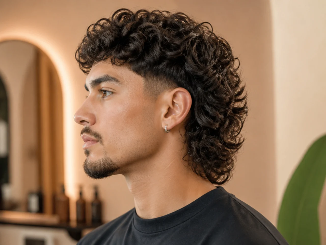 Modern soft curly mullet with gradual top-to-back blend and defined coil texture through the length