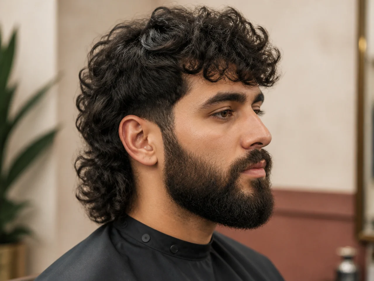 Curly mullet paired with full curly beard on a man in his late twenties with 3C coils