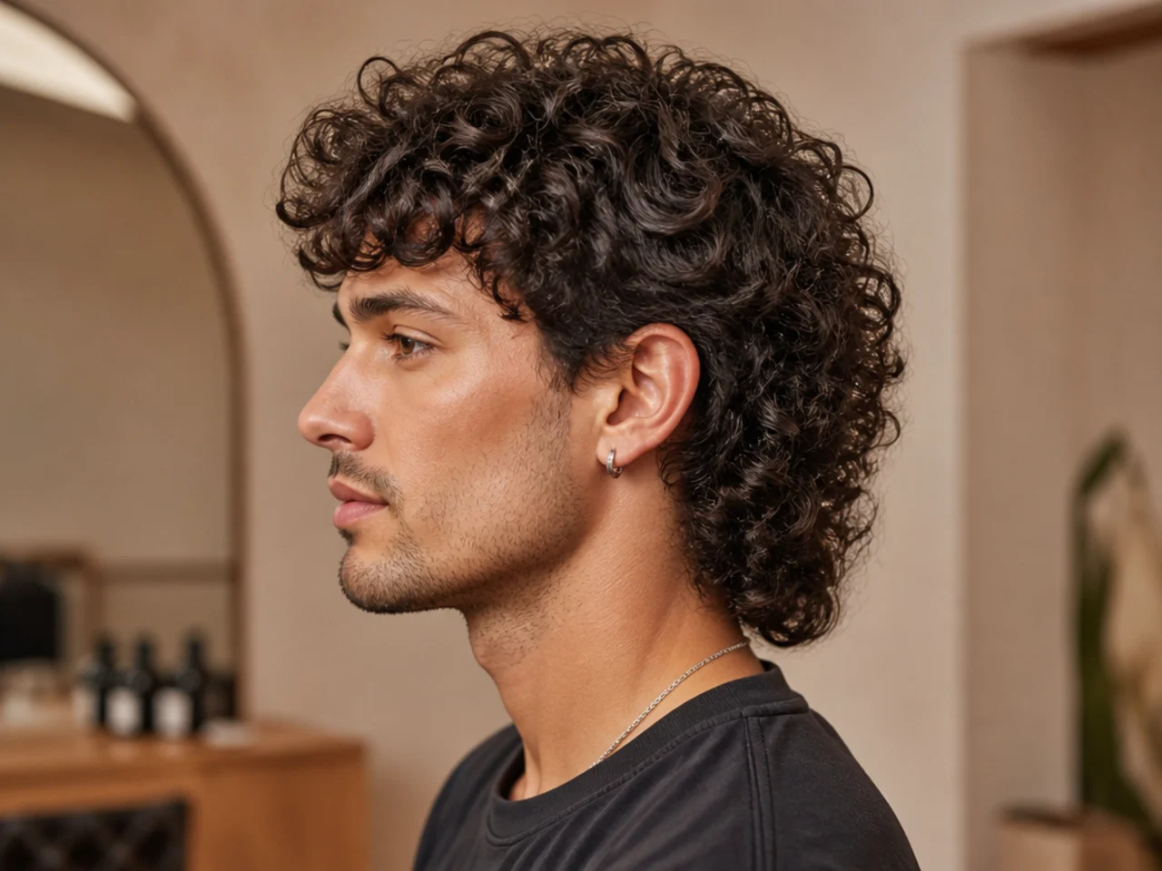 Bouncy 3B curly mullet with springy corkscrew pattern and defined back drop past the collar