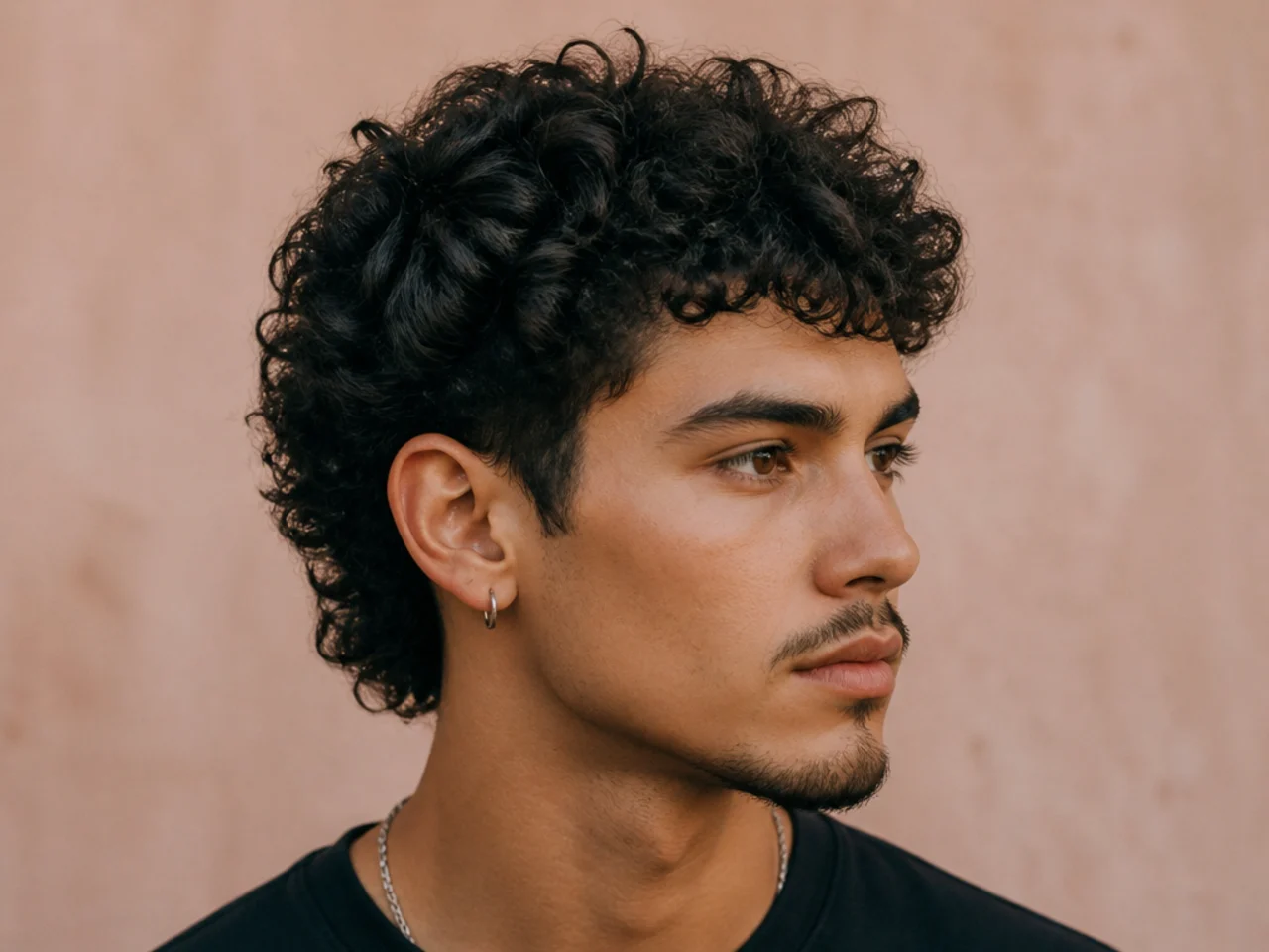 Short curly mullet with subtle back-length differential and cropped top on a young man with 3B curls