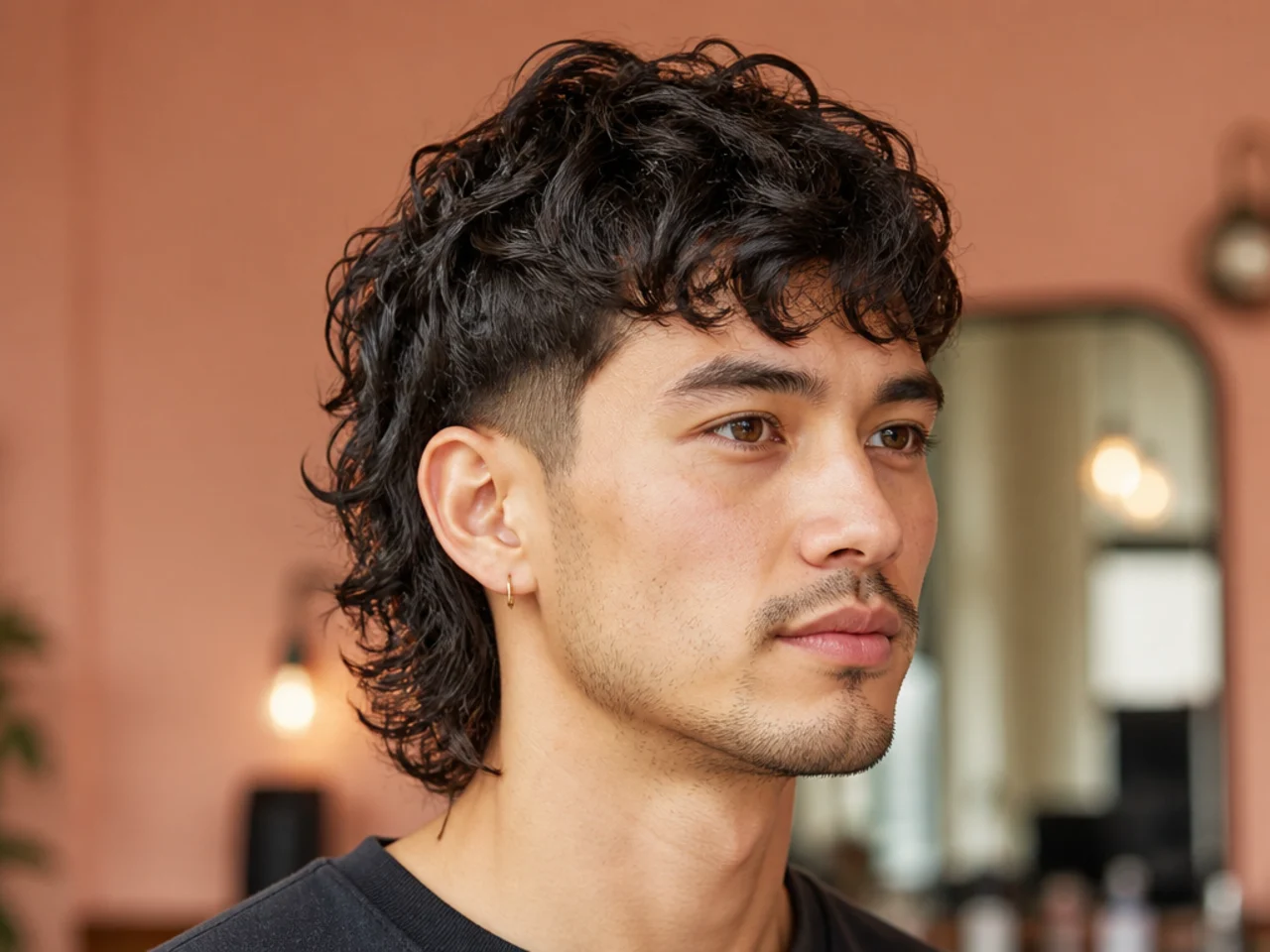 Barber and curly-haired client discussing curly mullet reference photos in a modern barbershop