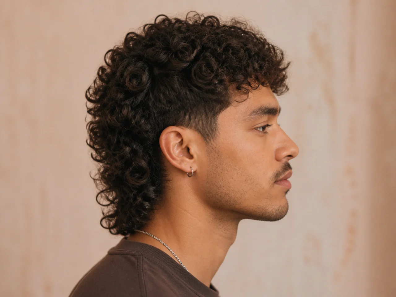 Three young men with different curl patterns showing curly mullet variations from loose 3A waves to tight 4B coils