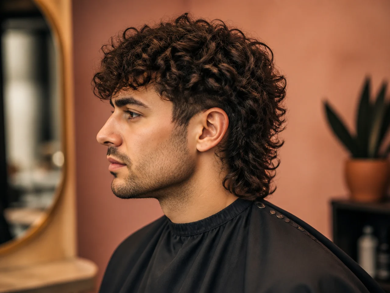 Styling products for a curly mullet laid out — leave-in conditioner, curl cream, defining gel, satin bonnet
