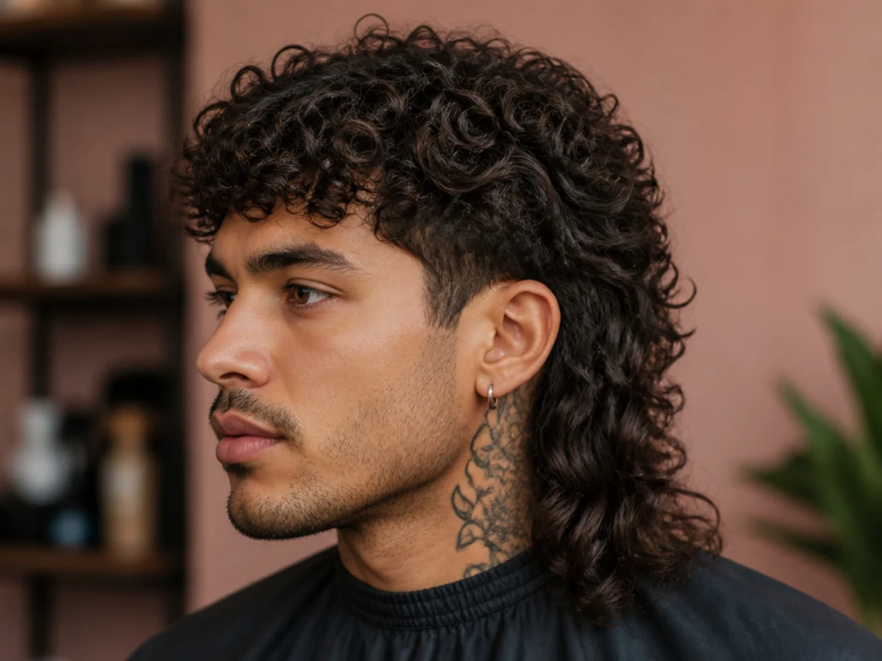 Side-profile of a curly hair mullet showing short curly top, blended sides, and defined coil back length past the collar on 3B hair