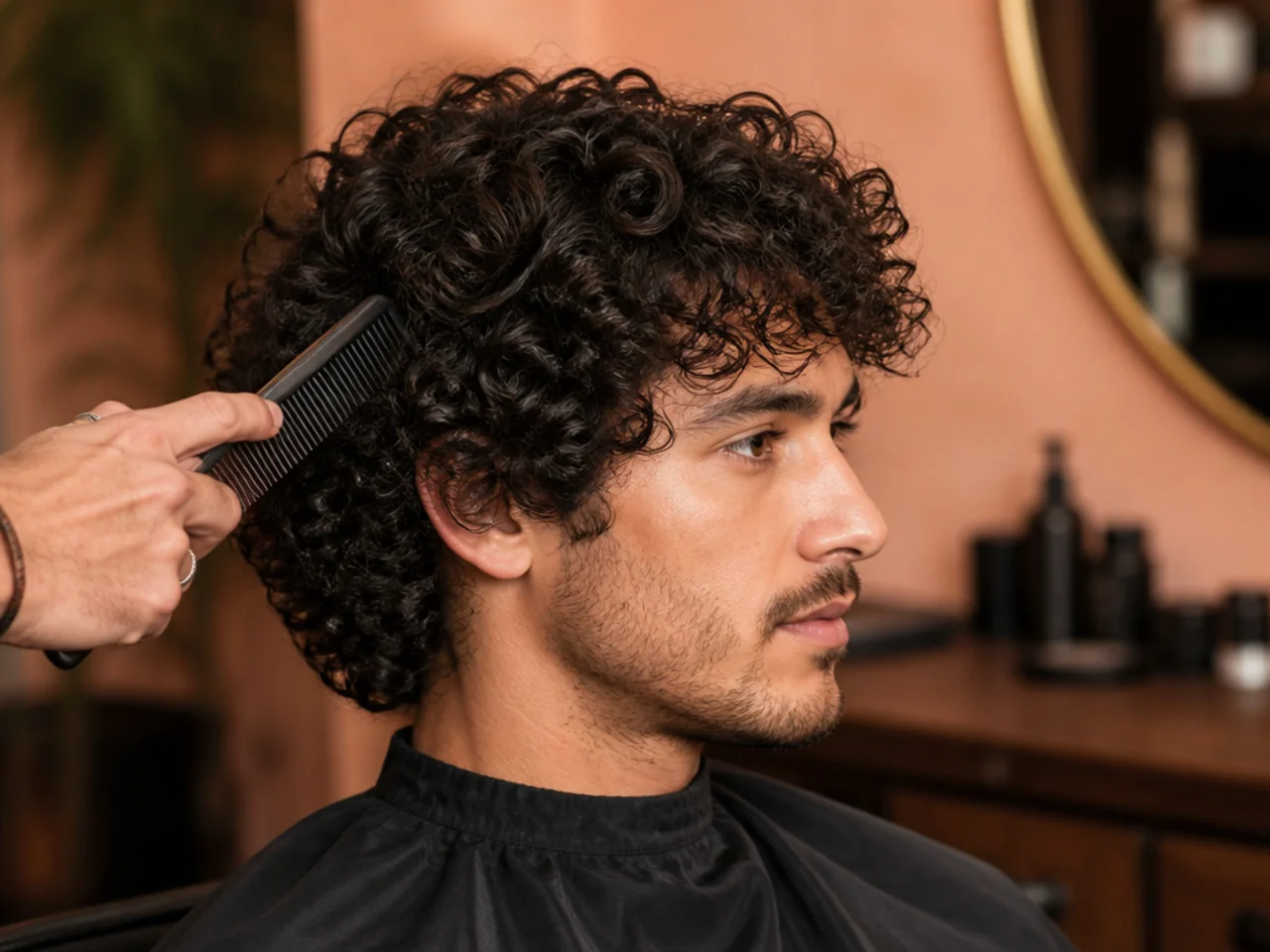Wide-tooth pick detangling curly hair in the shower with conditioner still in
