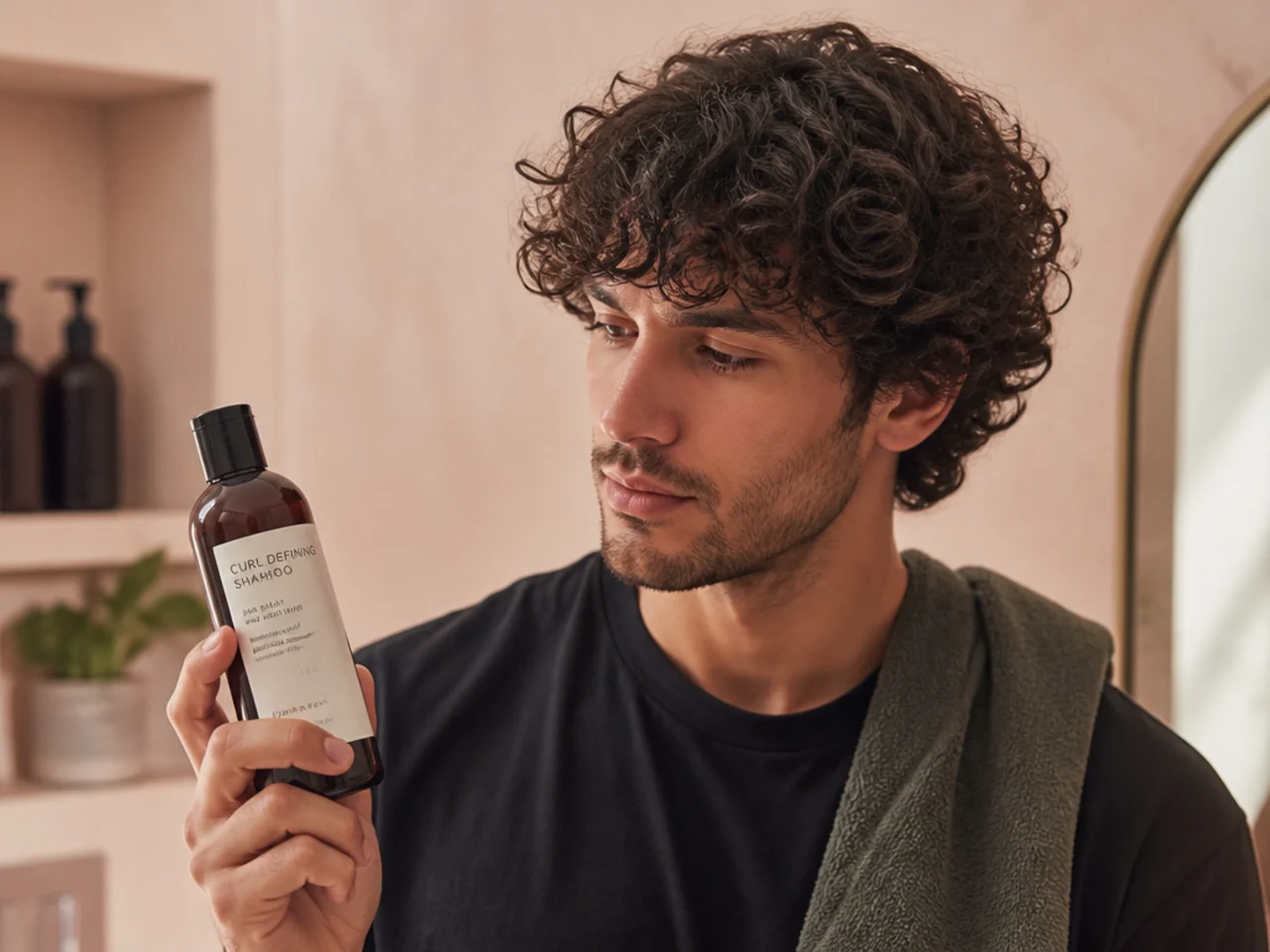 Sulfate-free shampoo bottle on a bathroom shelf next to a curl cream jar